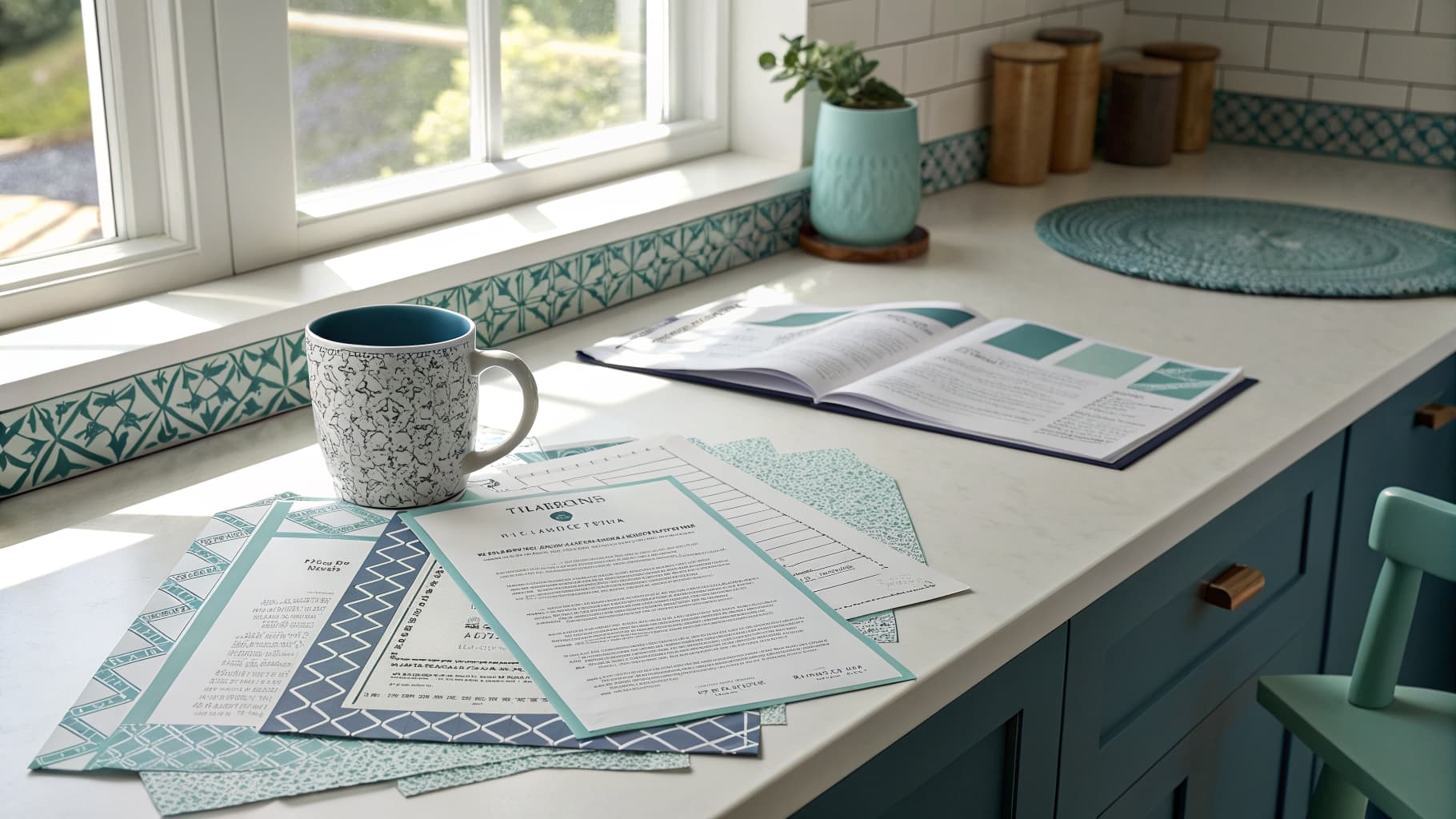 Roofing quote sheets spread out on a kitchen table beside a coffee mug