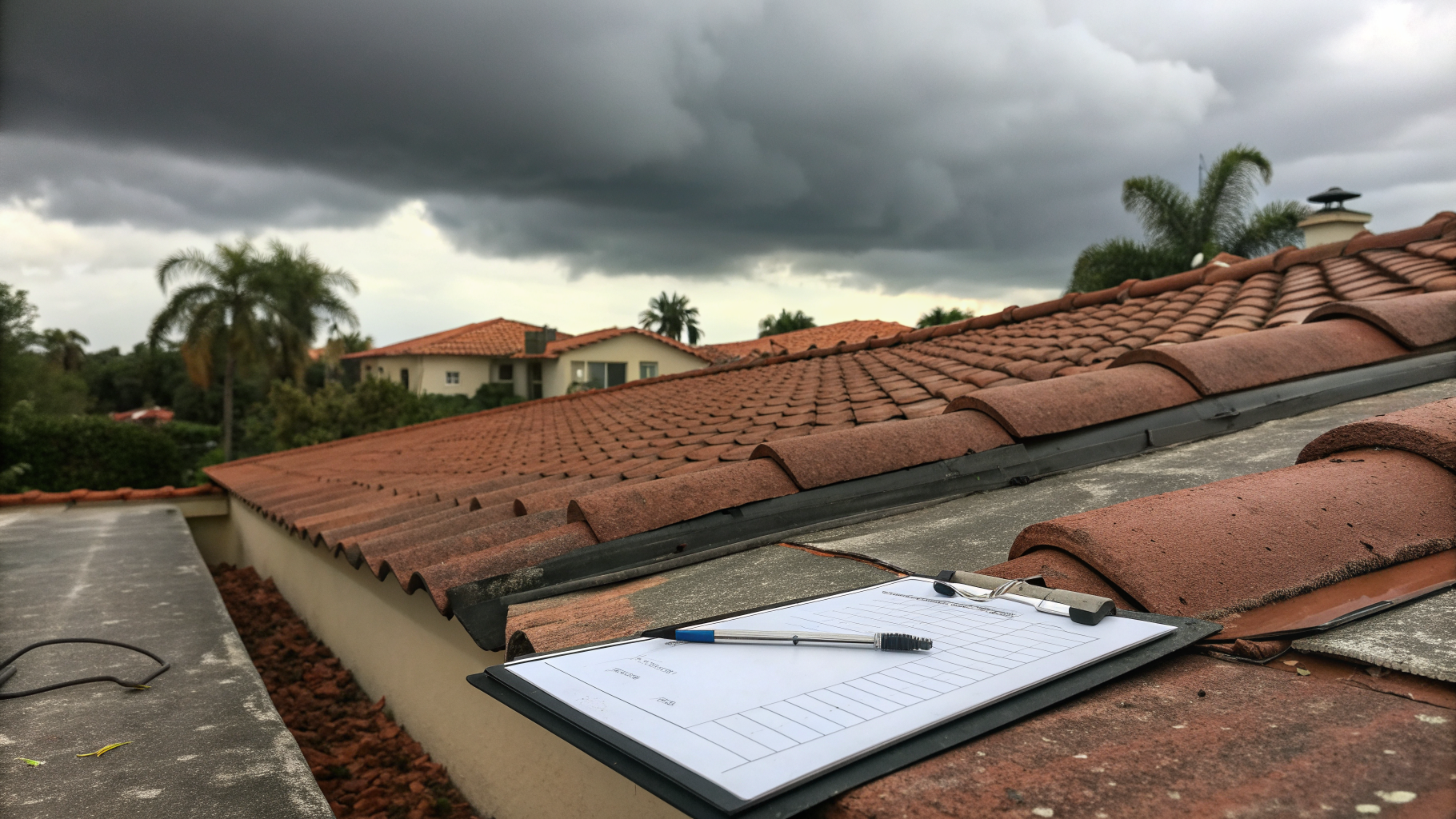 Close-up of a Florida barrel tile roof with a cracked tile and a repair estimate clipboard resting on the tiles after a storm