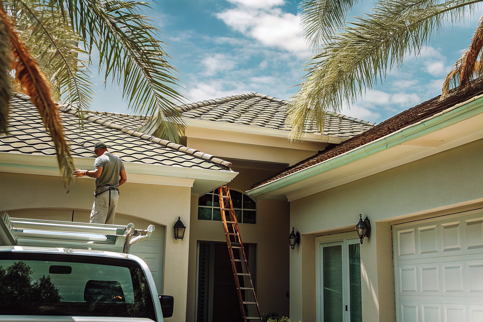 Roofing contractor inspecting a sound tile roof on a Florida home, checking it before an insurance renewal deadline