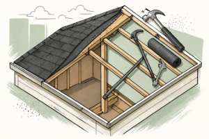 Illustration of a roof stripped to the decking during replacement