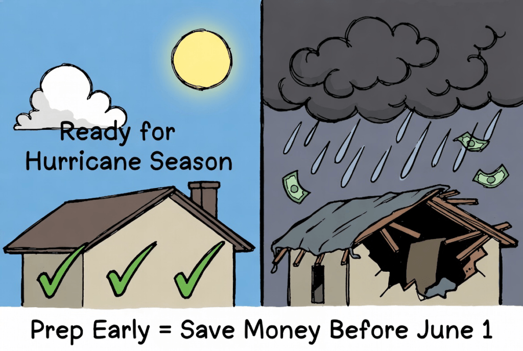 Illustration of a hurricane-ready home next to a storm-damaged roof, urging early prep before June 1