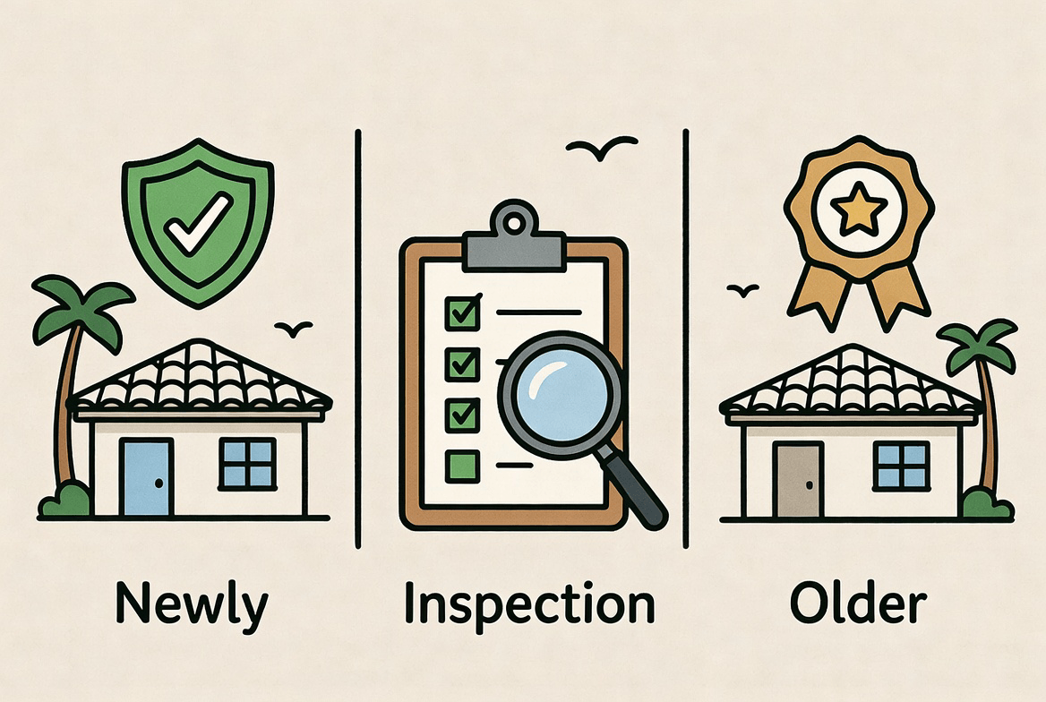 Illustration comparing how insurers treat newer, inspected, and older roofs in Florida